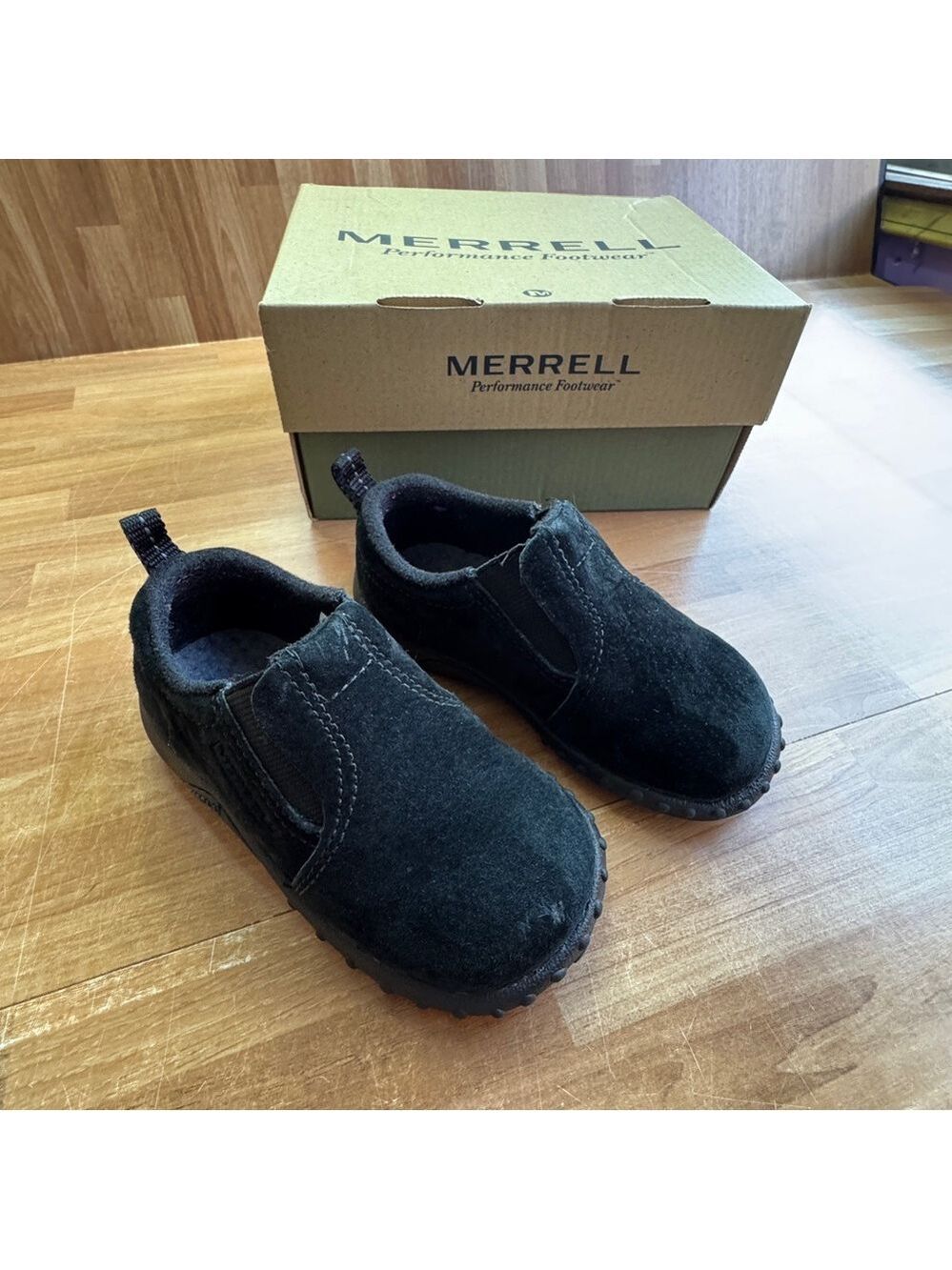 Merrell Kids' Jungle Moc suede slip-on shoes, black, size 7